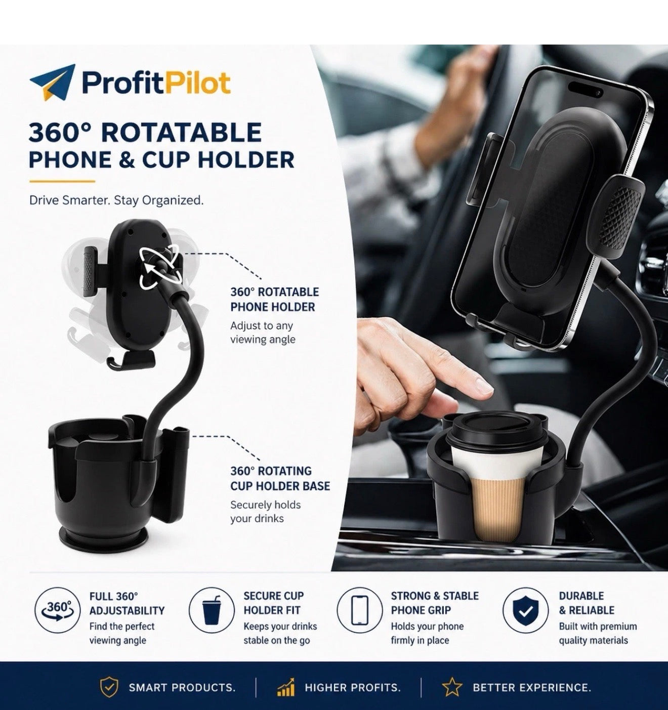3-in-1 Car Cup Holder Expander with Phone Mount – Universal Fit