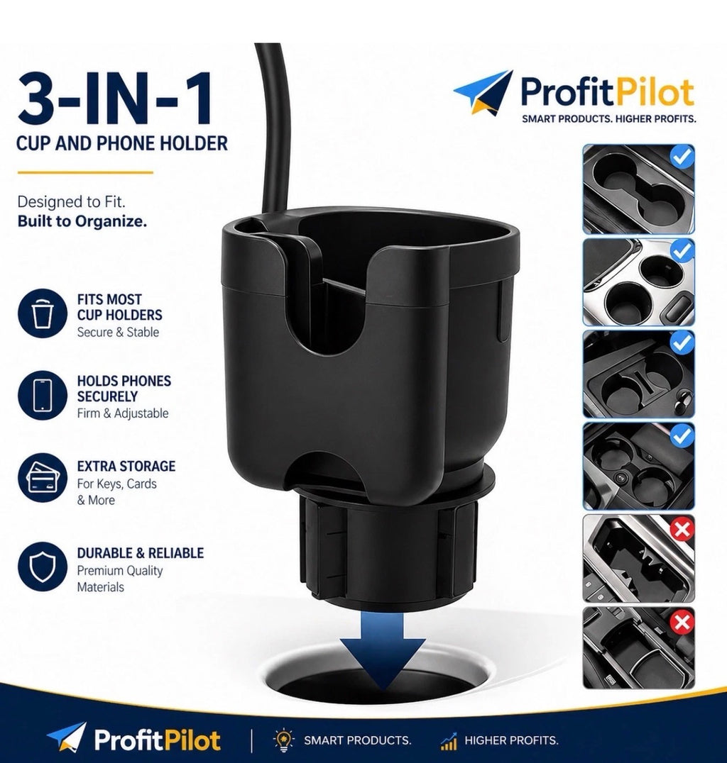 3-in-1 Car Cup Holder Expander with Phone Mount – Universal Fit
