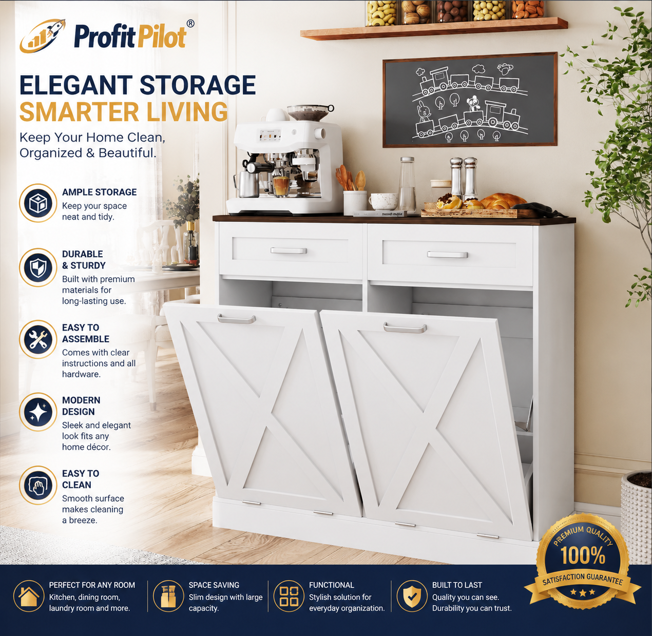 Farmhouse Trash Cabinet with Tilt-Out Storage – Kitchen Organizer