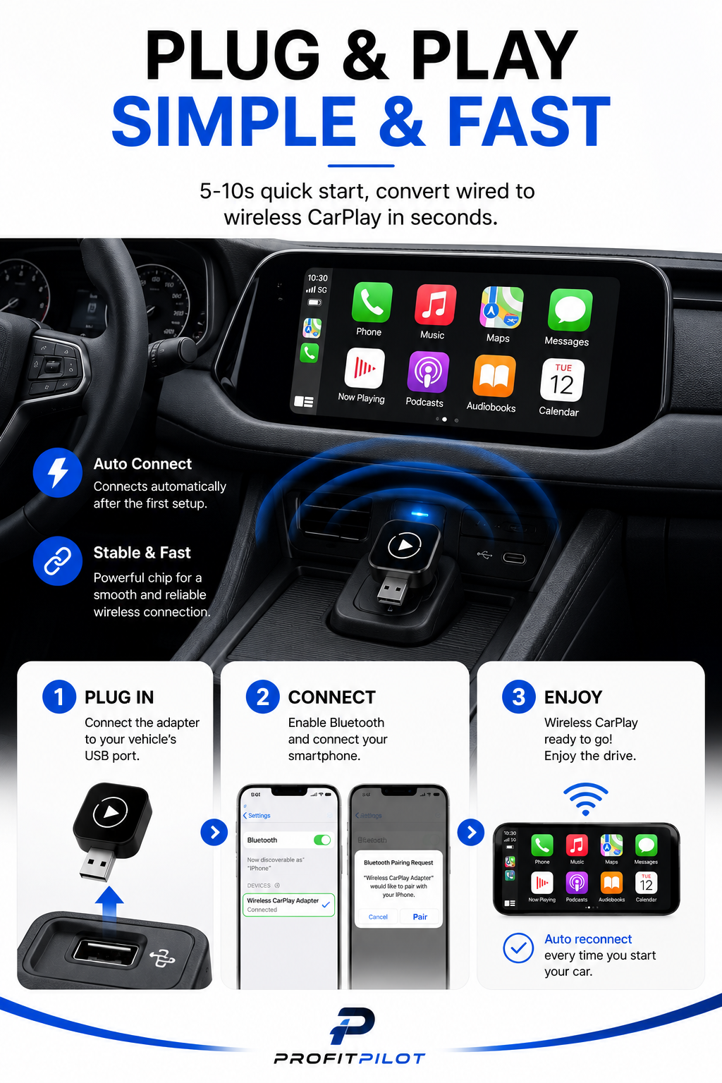 2-in-1 Wireless CarPlay & Android Auto Adapter for OEM Wired Systems